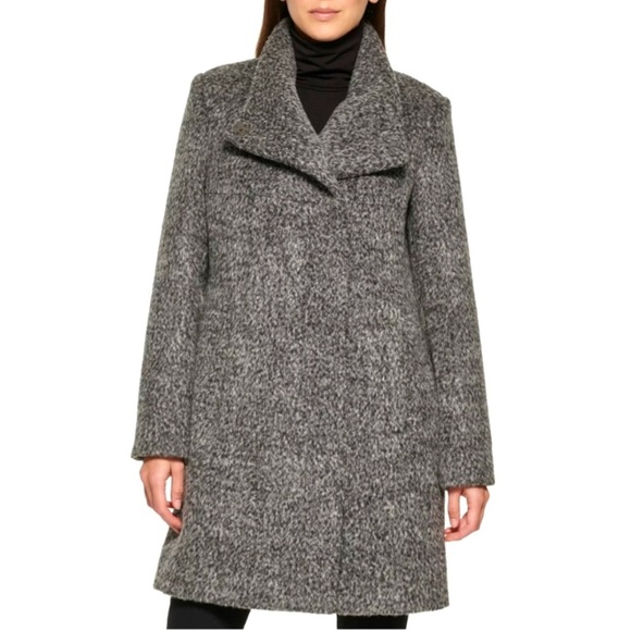 NWT Kenneth Cole Women's Asymmetrical Pressed Textured Wool Pea Coat Sz XS Gray - Picture 1 of 11